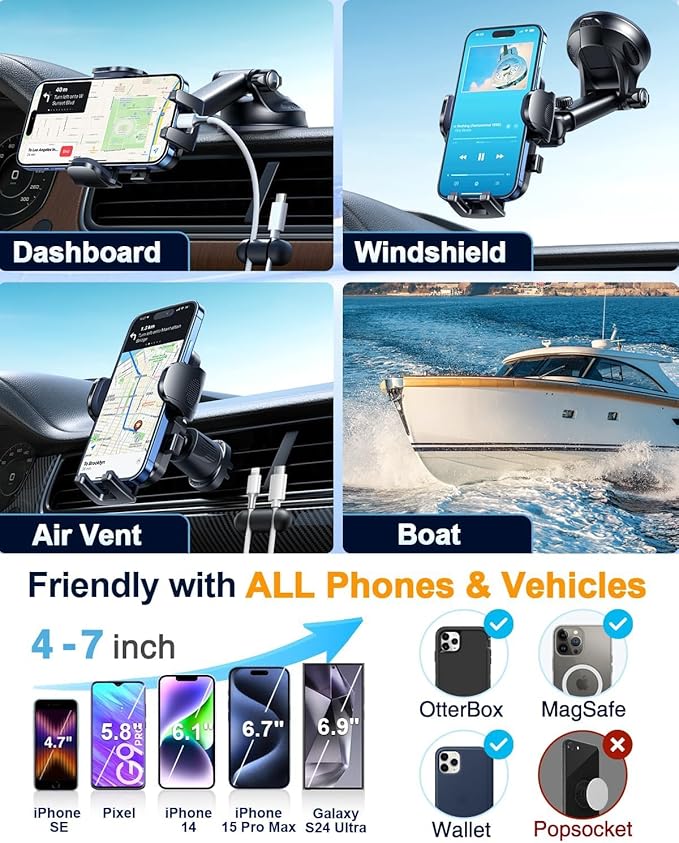 YRU True Military-Grade [360°Rotation Suction] 2025 Ultimate Car Phone Holder Mount[90+LBS Safest Strongest & Patent Certs] Dashboard Windshield Vent for iPhone 17 16 Pro Max Samsung,Blue Black