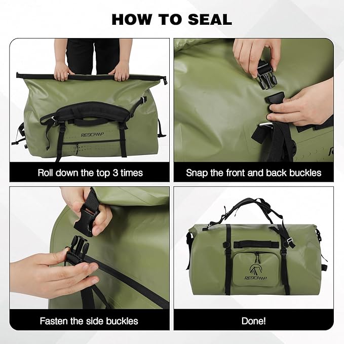 REDCAMP 80L Large Waterproof Duffel Bag, Rolltop Dry Backpack Duffle Bags with Quick-fixed Straps for Camping Motorcycle Boating Rafting Kayaking Paddle boarding, 80L Army Green