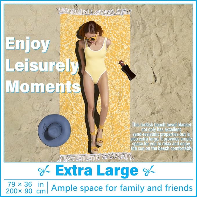 Thin Turkish Beach Towel Lightweight Soft Cotton Extra Large XL Oversized Sand Free Sandproof Absorbent Quick Dry Towels Cloud Bath Pool Travel Compact Essentials Accessories for Adult Gifts