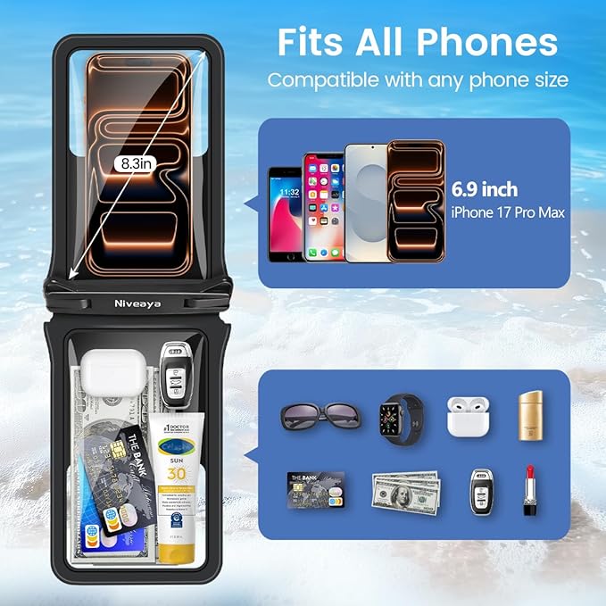 Niveaya Double Space Waterproof Phone Pouch - 2 Pack, Waterproof Phone Lanyard Case with iPhone 16/15/14/13/12 Pro Max up to 8.3", Phone Dry Bags for Vacation Beach Pool Kayak Cruise Travel Essentials