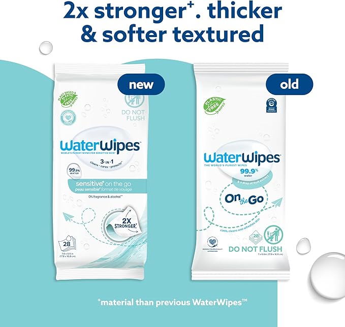 WaterWipes Sensitive+ On The Go Wipes, 3-In-1 Cleans, Cares, Protects, 99.9% Water, Unscented & Hypoallergenic Wet Wipes, 28 Count (Pack of 1)