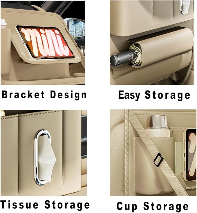 Car Seat Organizers,Multi-functional Back Seat Protectors, Storage Pouches, Child kicking prevention and Tray Holders (for Cars, Kids, Seat Back and Rear Seats) (Beige, 1 Pcs)