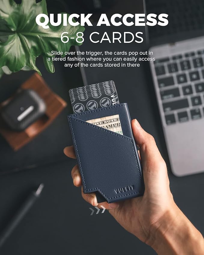 VULKIT Pop up Card Wallet RFID Blocking Slim Aluminum Metal Bank Card Holder Case with Business Money Pocket for Credit Cards Notes and Coins (Navy)