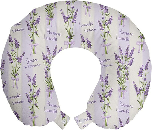 Ambesonne Lavender Travel Pillow Neck Rest, Stripes and Flowers Ribbons Romantic Country Spring Season Inspired Design Art, Memory Foam Traveling Accessory for Airplane and Car, 12", Purple