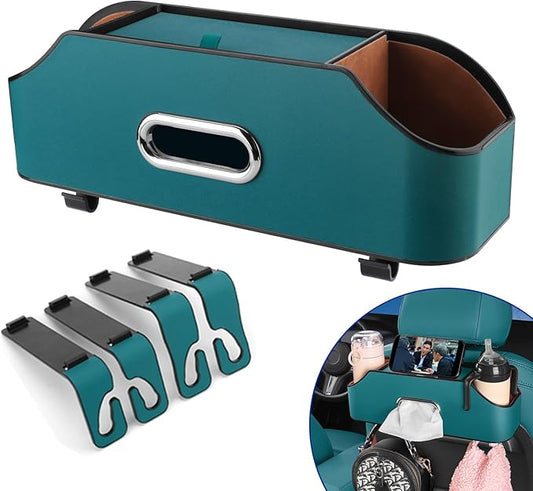 Car Seat Back Organizer - Stylish & Functional Storage for Family Adventures - Cup Holders, Tissue Box & Hooks - Perfect for Kids, Road Trips & Travel (Navy Blue)