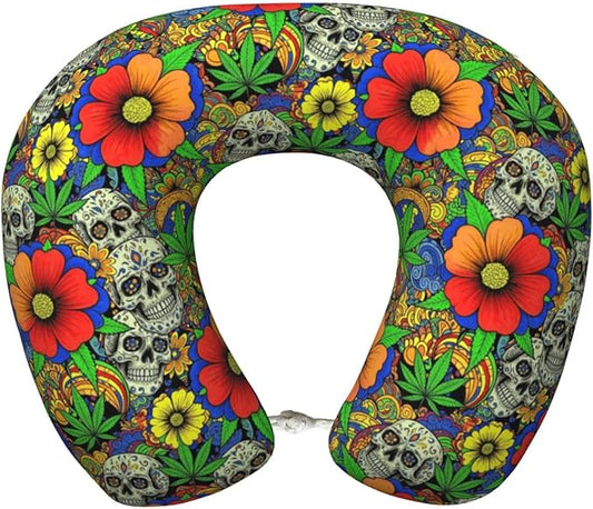 Neck Travel Pillow, Women Men Washable Airplane Car Pillows Pot Leaf Skull Weedleaf, Head Support Rest U Shaped Cushion Comfortable for Watching TV