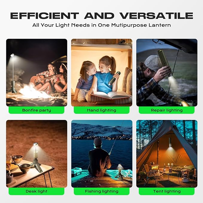 Camping Light, Telescopic Camping Lantern with Storage Bag, Collapsible, Magnetic, 10500mAh Battery, Rechargeable Outdoor Portable Lights for Hiking, Fishing, and Travel (Dark Green)