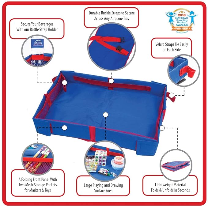 Fun N Fly Foldable Travel Tray - Blue Red Portable Durable Kids, Toddler, Baby Play Space and Snack Desk for Airplane Travel by FunnFly