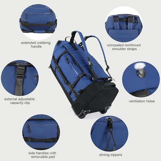 Rolling Duffle Bag with Wheels,86L 30”Carry on Luggage with Wheels,Folding Travel Bag,Duffle Backpack with Separate Shoe Compartment (dark blue)