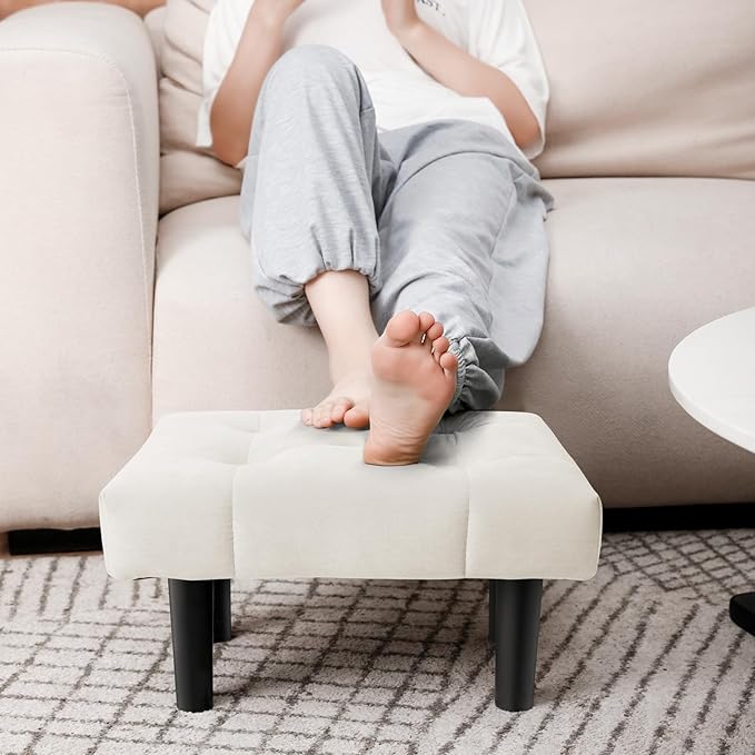 HOUCHICS Small Footstool Ottoman,Velvet Soft Footrest Ottoman with Wood Legs,Sofa Footrest Extra Seating for Living Room Entryway Office(White 1PACK)