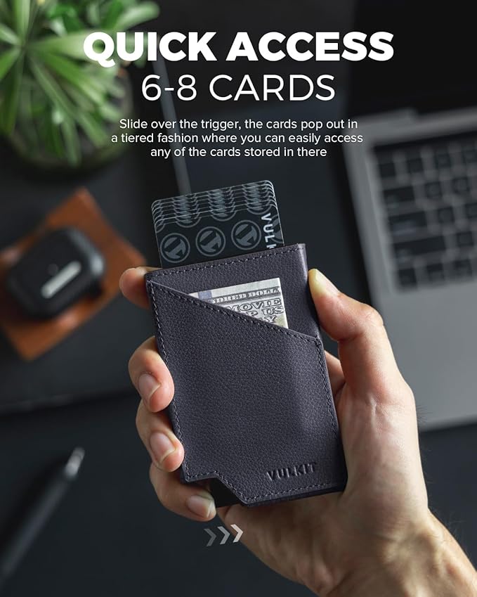 VULKIT Pop up Card Wallet Genuine Leather RFID Blocking Slim Aluminum Metal Bank Card Holder Case with Business Money Pocket for Credit Cards Notes and Coins Blue