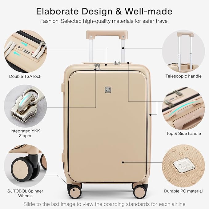 Hanke Grace Carry On Luggage with Wheels Airline Approved Hard Shell Suitcases with Front Pocket，Top Opening Luggage with TSA Lock for Short Business Travel， Cuban Sand.