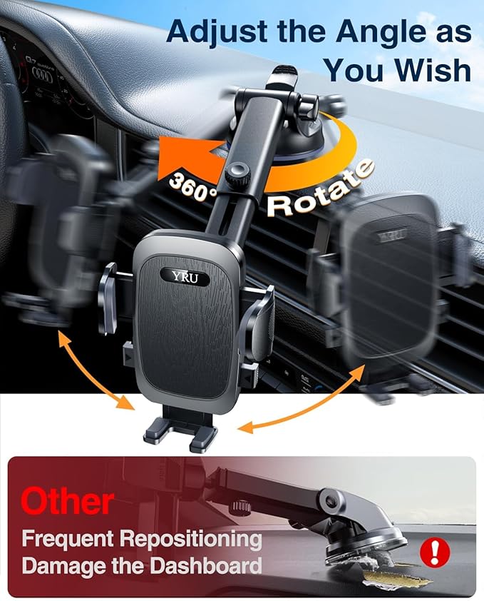 YRU True Military-Grade [360° Rotation Suction] 2025 Ultimate Car Phone Holder Mount 【90+LBS Safest Strongest & Patent Certs】 Dashboard Windshield Vent for iPhone 17 16 Pro Max Samsung, Jet Black