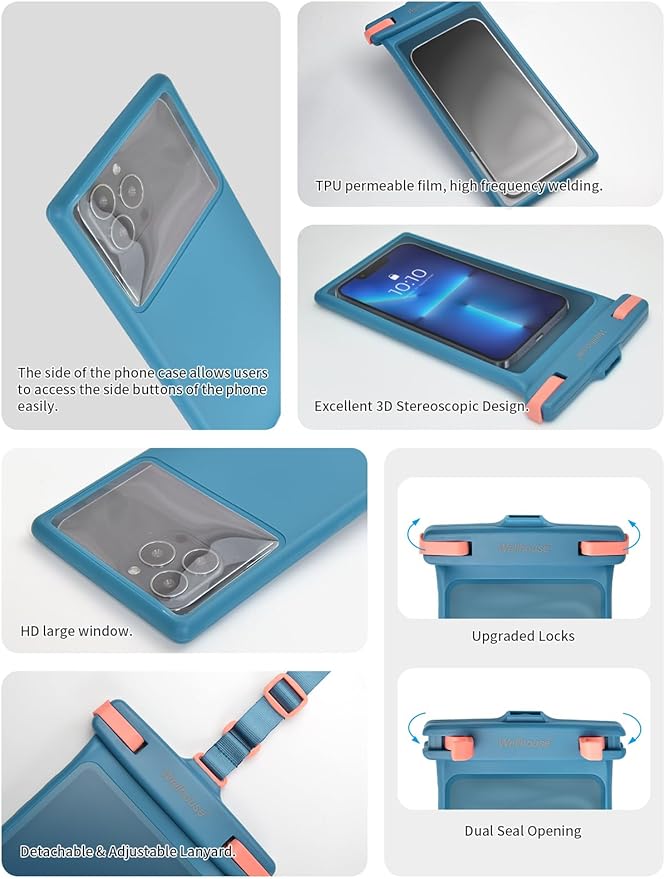 wellhouse Waterproof Phone Pouch, Waterproof Phone Case for iPhone 16 15 14 13 12 Pro Max XS Samsung, IPX8 3D Cellphone Dry Bag Beach Essentials (1 Pack - Blue8.0, 8 inch)
