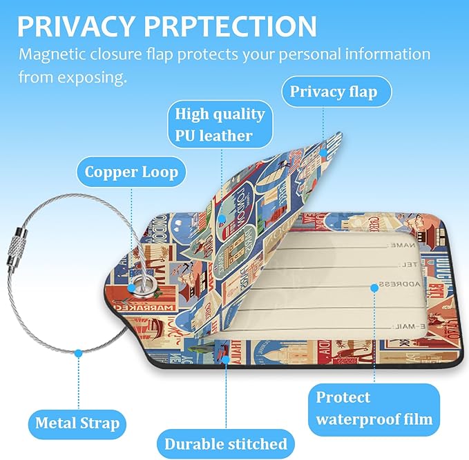 2 Pack Luggage Tag for Suitcase,City Travel Stamps Luggage Tag with PU Leather Privacy Cover ID Label & Stainless Steel Loop for Women Men Travel Bag Suitcase