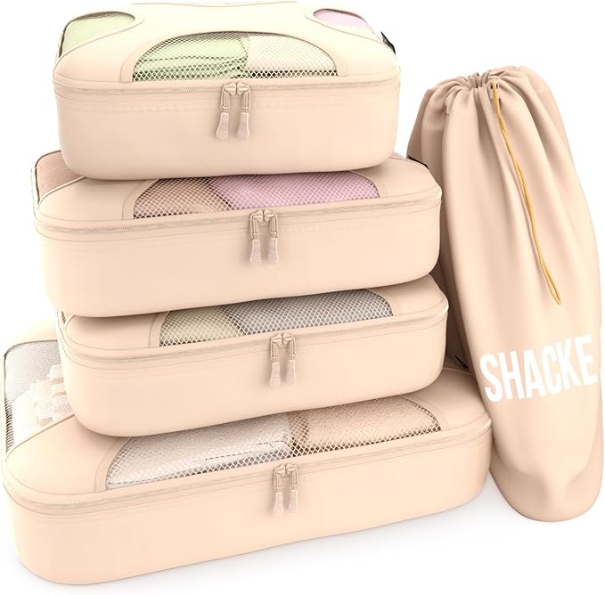 Shacke Premium 5 Packing Cubes Set - Lightweight Mesh Travel Luggage Organizers with Laundry Bag, 5-Piece Suitcase Storage System (Cream)