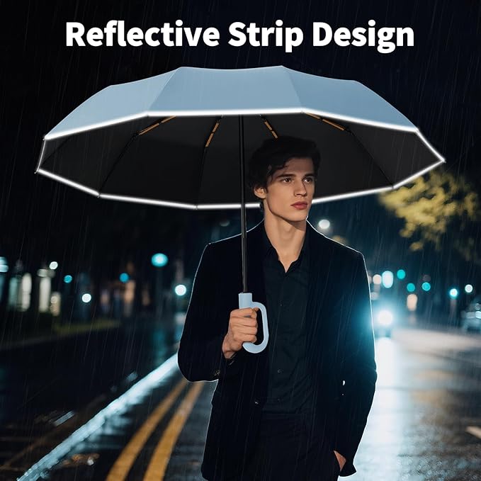 Seniny Travel Umbrella with Carabiner Handle, Windproof Large Umbrellas for Rain with Dual-Rib Structure, Portable Compact Umbrella with Reflective Strip, Car Backpack UV Umbrellas for Sun Protection