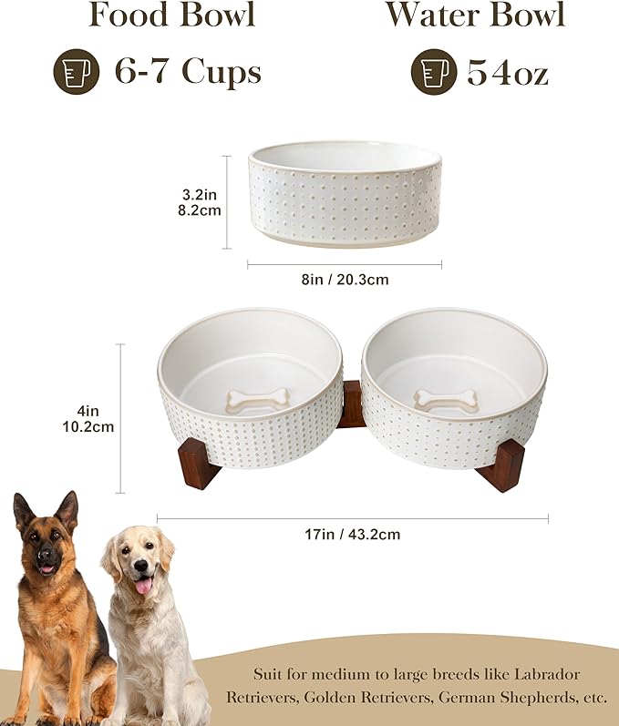 MALACASA Dog Bowl Set with Walnut Wood Stand, 6 Cups Ceramic Pet Bowls for Puppy Dogs, Dual Food and Water Bowls with Weighted Non-Slip Base, Basic Bowls for Your Dog, Rhombic & Polka Dots