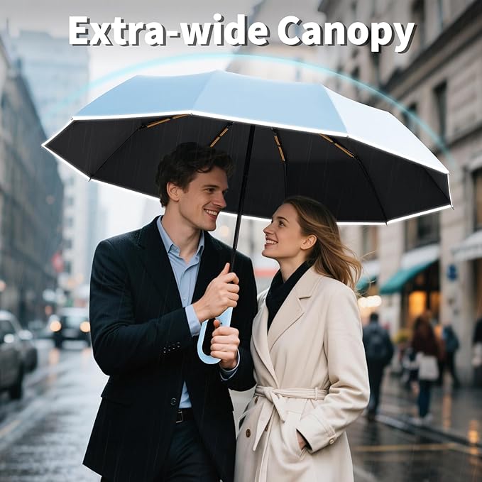 Seniny Travel Umbrella with Carabiner Handle, Windproof Large Umbrellas for Rain with Dual-Rib Structure, Portable Compact Umbrella with Reflective Strip, Car Backpack UV Umbrellas for Sun Protection