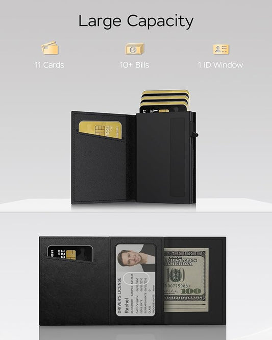 Wallet for Men - Sleek & Functional - Secure RFID Blocking Wallet with Smart Metal Pop Up Credit Card Holder, Minimalist Slim Front Pocket 11+ Cards ID Window Cash Slot, Gift for Him