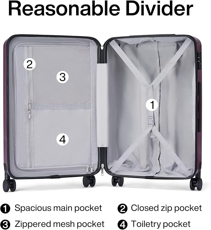 Hanke 20 Inch Carry On Luggage 22x14x9 Airline Approved Lightweight PC Hard Shell Suitcases with Wheels Travel Luggage Rolling Suitcase Travel Luggage Bag Christmas Gifts for Birthday （Purple）