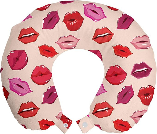 Ambesonne Kiss Travel Pillow Neck Rest, Repetitive Woman Lips in Warm Toned Listicks, Memory Foam Traveling Accessory for Airplane and Car, 12", Rose Red