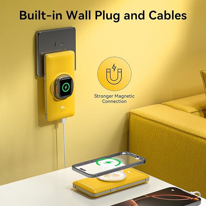 Magnetic 10000mAh Portable Charger for iWatch & iPhone, 22.5W USB C Fast Charging Wireless Power Bank Built-in Cables and Wall Plug, External Travel Battery Pack Compatible with iOS Android Devices