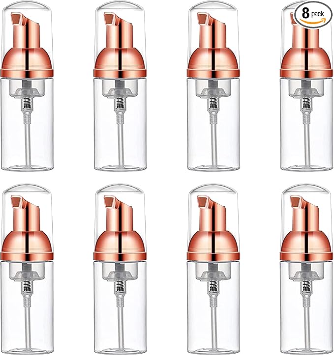 8 Pcs 1oz 30ml Plastic Foamer Pump Bottle Foam Dispenser Bottles Mini Liquid Foaming Bottles for Refillable Travel Hand Soap Foaming,Shampoo,Castile,Cleaning (Rose Gold+Clear)