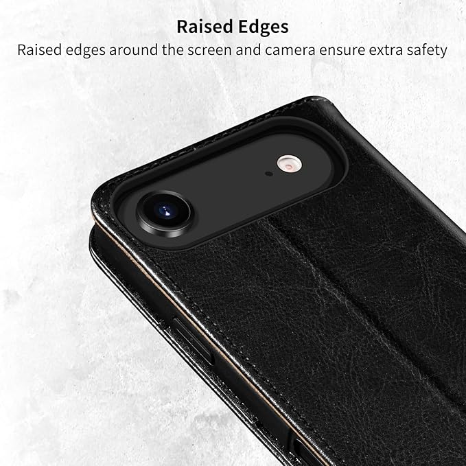 Belemay Genuine Leather Wallet Case for iPhone 17 Air, Premium Cowhide Leather Two-Tone Effect, RFID Blocking Card Holders, Shockproof TPU Shell, Kickstand, Flip Cover for iPhone Air 2025 6.5", Black