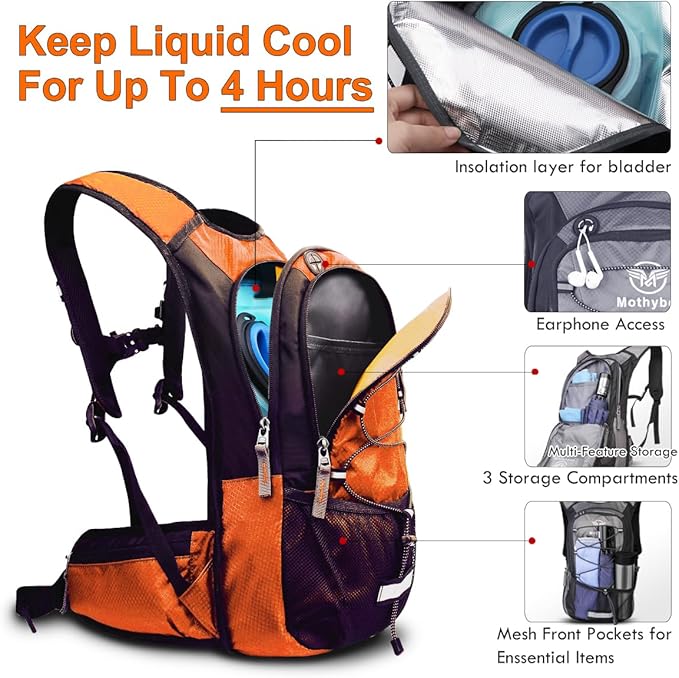 Mothybot Insulated Hydration Backpack Pack with 3L BPA Free Leak Proof Water Bladder, Large Storage Lightweight Hiking Daypack with Waist Pouches & Cooler Layer, for Running, Biking, Camping, Festival