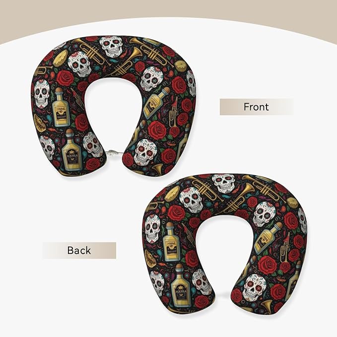 Support Neck Pillow for Youth Travel, Washable Airplane Chin Supporting and Relax U Shaped Pillows Vintage Day of Dead Sugar Skulls Rose Flowers Cactus
