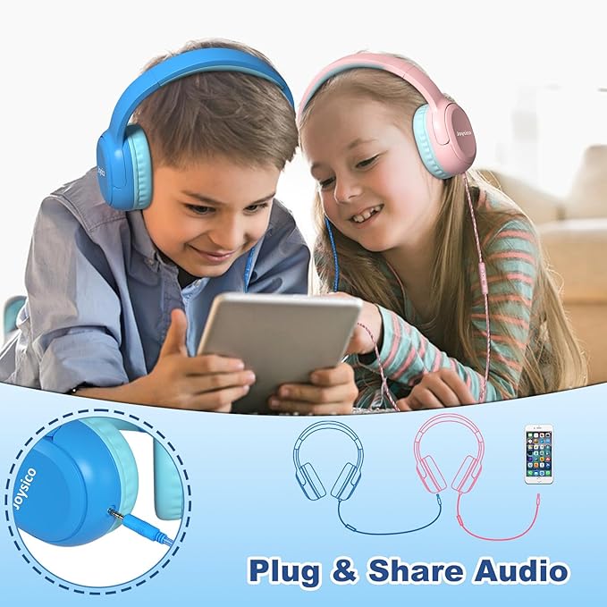 Kids Headphones with Cord & Mic for School Class Airplane Travel, 85/94dB Volume Limit Over Ear Earphones for Boys Girls Teens, Wired Foldable Headset for iPad Tablet Kindle Laptop PC Blue