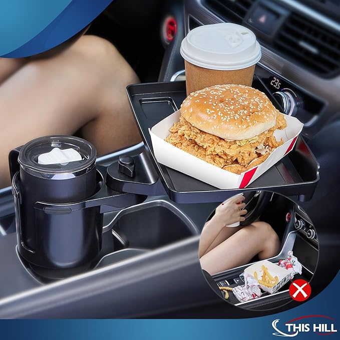 This Hill 2 Pack Cup Holder Tray for Car, 2 in 1 Detachable Car Food Table Tray with 3.93" Base & Phone Slot,Car Cup Holder Expander with 360°Rotation Tray for Travel Road Essentials Accessories