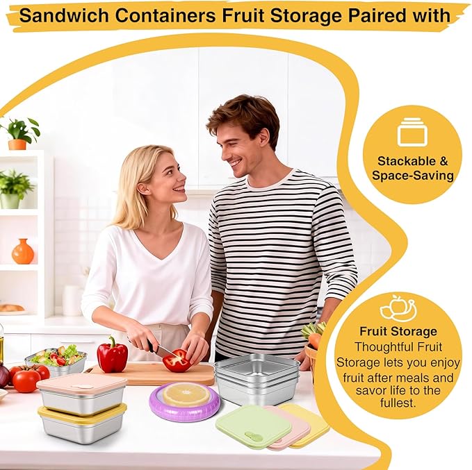 T-Raputa 3Pc Sandwich Containers and Fruit Storage Storage, 20oz 304 Stainless Steel Sandwich Box with Lids, Reusable Metal Meal Prep Lunch Boxes, BPA-Free, Food Storage Containers for Snacks & Fruits