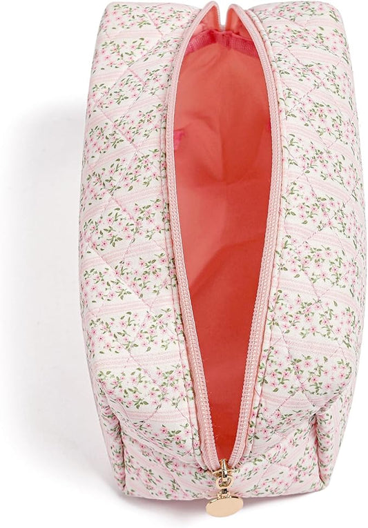 Makeup Bag Travel Cosmetic Bag for Women Girls, Zipper Make Up Pouch, Floral Flowers Toiletry Organizer Makeup, Portable Storage Cosmetic Travel Cloth Bag (2 Pack (L+S)/Pink Floral)