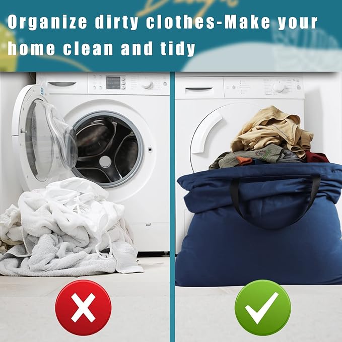 LOLOMLO Extra Large Canvas Laundry Bags with Handles & Drawstring Closure, Heavy Duty Tears Resistant Clothes Storage Travel Bags,25.5"x34",Navy Blue