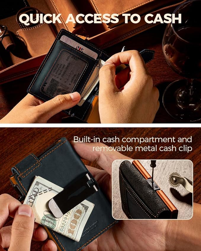 LORZOR Slim Wallet for Men with Security Latch, Pop Up Metal Card Holder Wallet, Finest Full Grain Leather Bifold Wallets, Smart, Minimalist, RFID Blocking, Front Pocket, ID Window