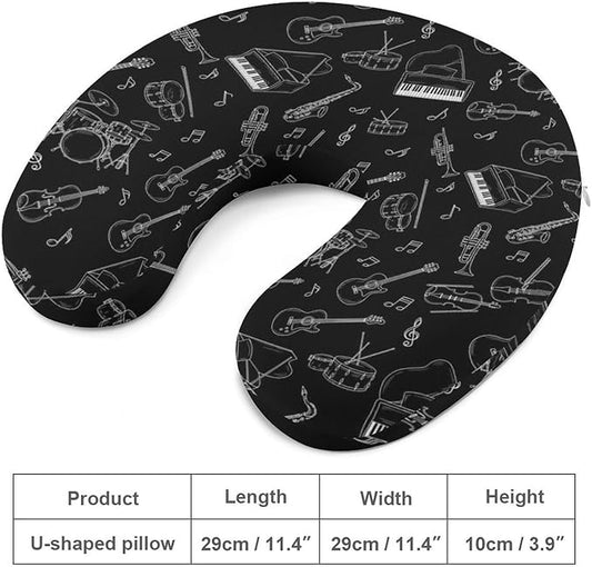 Portable U-Shaped Travel Pillow Memory Foam Neck Rest, Musical Instrument Guitar Piano Bass Black U-Shape, Airplane Car Bus Office Chin Support