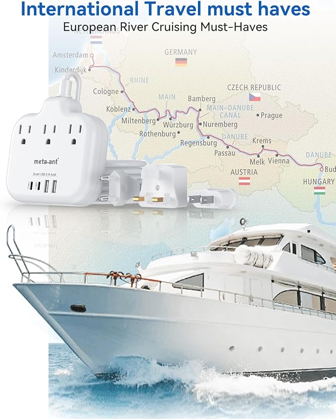 European Travel Plug Adapter, US to European Plug Adapter with 3 American Outlets & 4 USB, 3ft European Power Cord, International Travel Power Strip, Type C for Europe EU Germany France, Travel, White