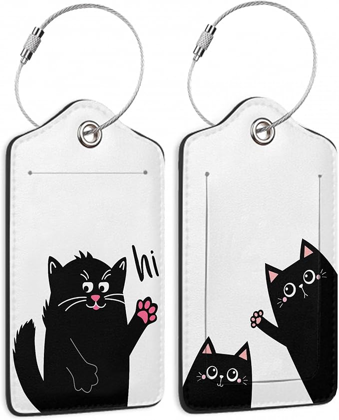 2 Pack Luggage Tag for Suitcase, Funny Black Cat Leather Bag Tags Identifiers Privacy Cover ID Label with Durable Steel Loop for Women Men Kids Girls Travel