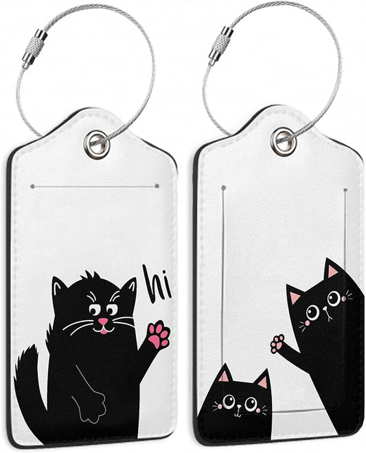 2 Pack Luggage Tag for Suitcase, Funny Black Cat Leather Bag Tags Identifiers Privacy Cover ID Label with Durable Steel Loop for Women Men Kids Girls Travel