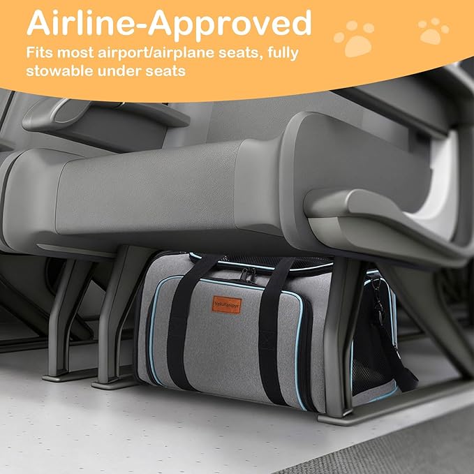 Expandable Pet Carrier,Airline Approved Soft-Sided Cat Dog Travel Bag with Hard Shell Base, Blue Trim, Removable Fleece Pad for Small Pets (Gray)