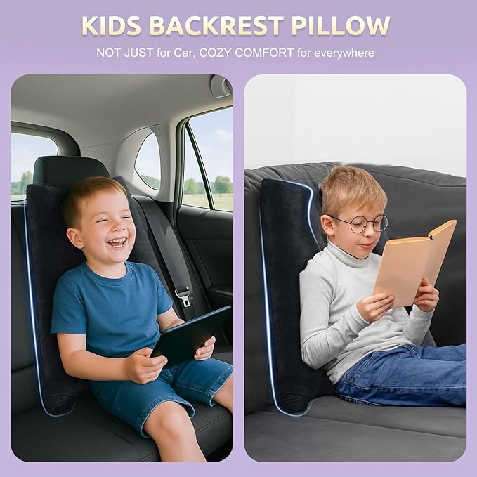 Car Pillow for Kids, Travel Pillow with Adjustable Strap, U-Shaped Pillow for Adults and Children to Support Head and Body Road Trip Essentials (Dark Black)