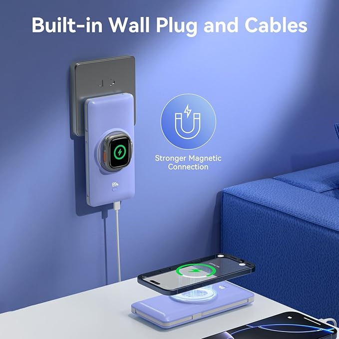 Magnetic 10000mAh Portable Charger for iWatch & iPhone, 22.5W USB C Fast Charging Wireless Power Bank Built-in Cables and Wall Plug, External Travel Battery Pack Compatible with iOS Android Devices