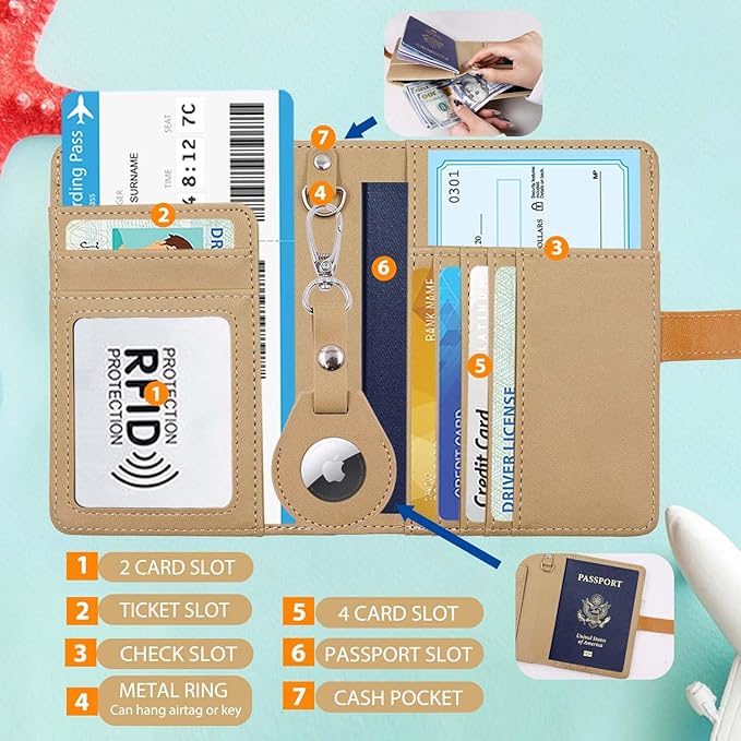 Passport Holder with Airtag for Women/Men,Airtag Passport Wallet for Travel,Cute Passport Holder Rfid Blocking,Travel Wallet for Cards Passport Cover Case (khaki)