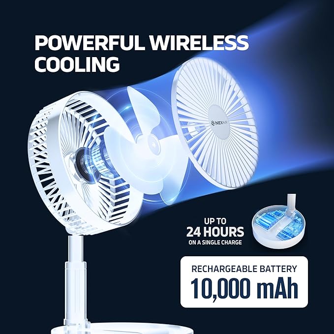 8" Foldable Fan, Oscillating 4 Speed Portable Fan Adjustable Height 14”–40", Remote Controlled folding Fan with 10,000mAh Rechargeable Battery, Quiet Floor Fan For Bedroom, Great Fan For Travel