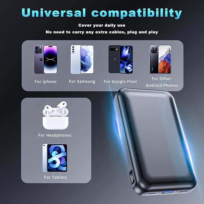 2 Pack 10000mAh 22.5W Fast Charging Power Bank-Slim Portable Charger with Built-in Cords, USB C in&Out, 2 Outputs 2 Inputs, LED Display for iPhone 17-12, Samsung, Android (White&Black)
