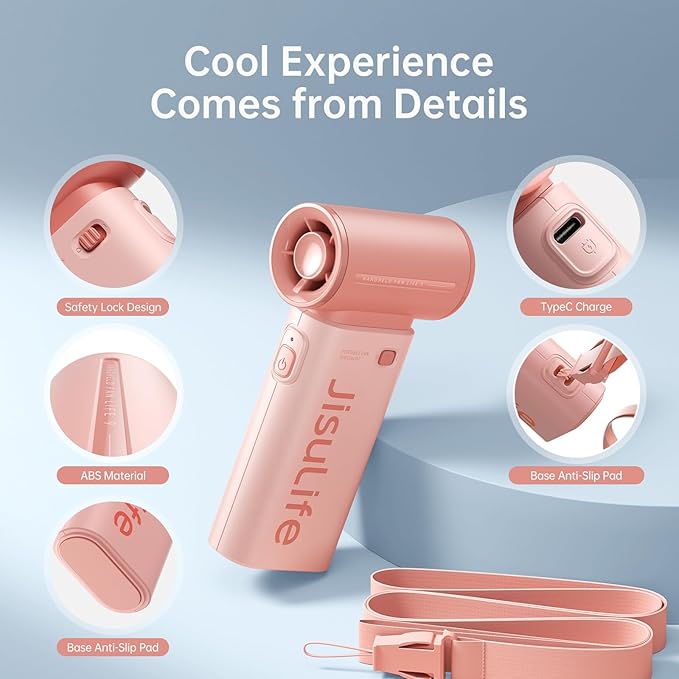 JISULIFE Portable Handheld Fan Life9, Turbo Power High Speed Air [12H Max Cooling Time], 5 Gear Wind, 3600mAh Rechargeable, Mini Pocket Design, Personal Fan for Travel Concerts Camping Makeup - Pink