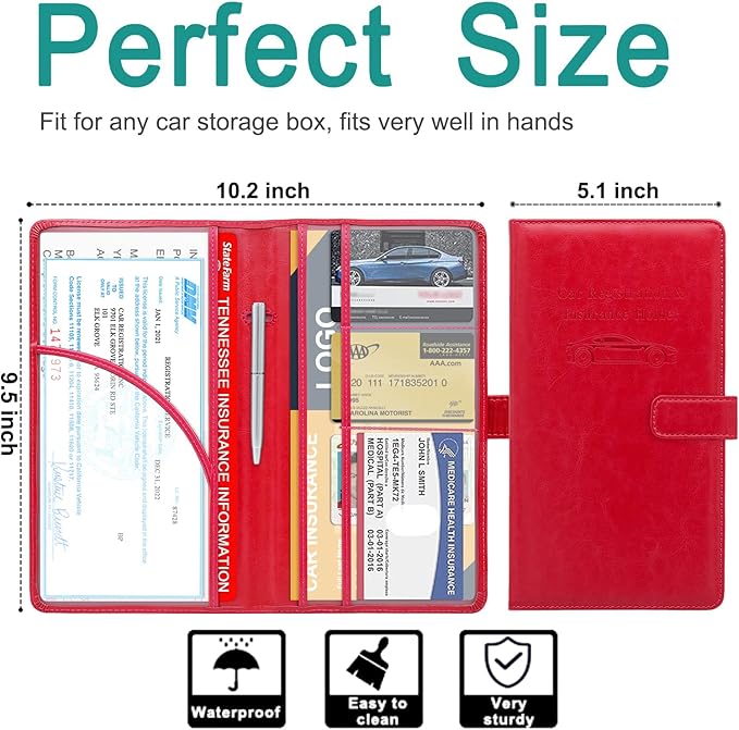 RSAquar Car Registration and Insurance Holder, Leather Car Glove Box Organizer, Cool Car Accessories for ID, Driver's License Cards & Essential Document, Men&Women, Red