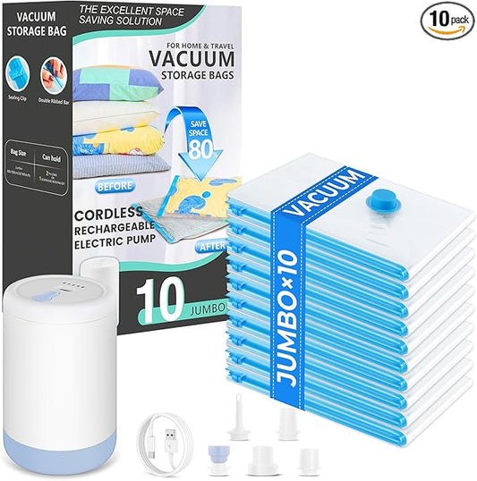 Vacuum Seal Bags for Clothing,10 Jumbo Vacuum Storage Bags with Rechargeable Air Pump,Space Saver Bags for Clothes,Travel Luggage,Blanket,Bedding,Pillows,Comforters